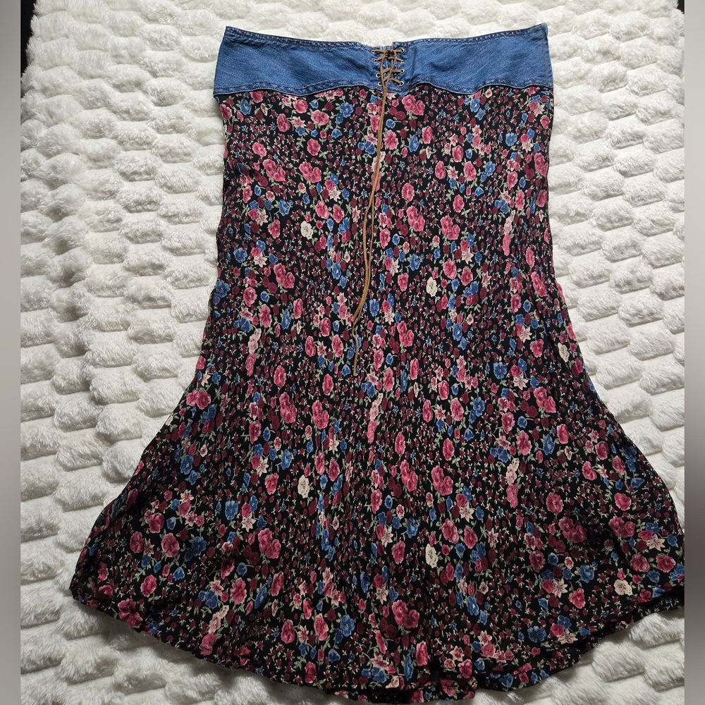 VTG Faded Glory Women Y2K Leather Lace Up Western Skirt Size 12 Cowgirl Floral